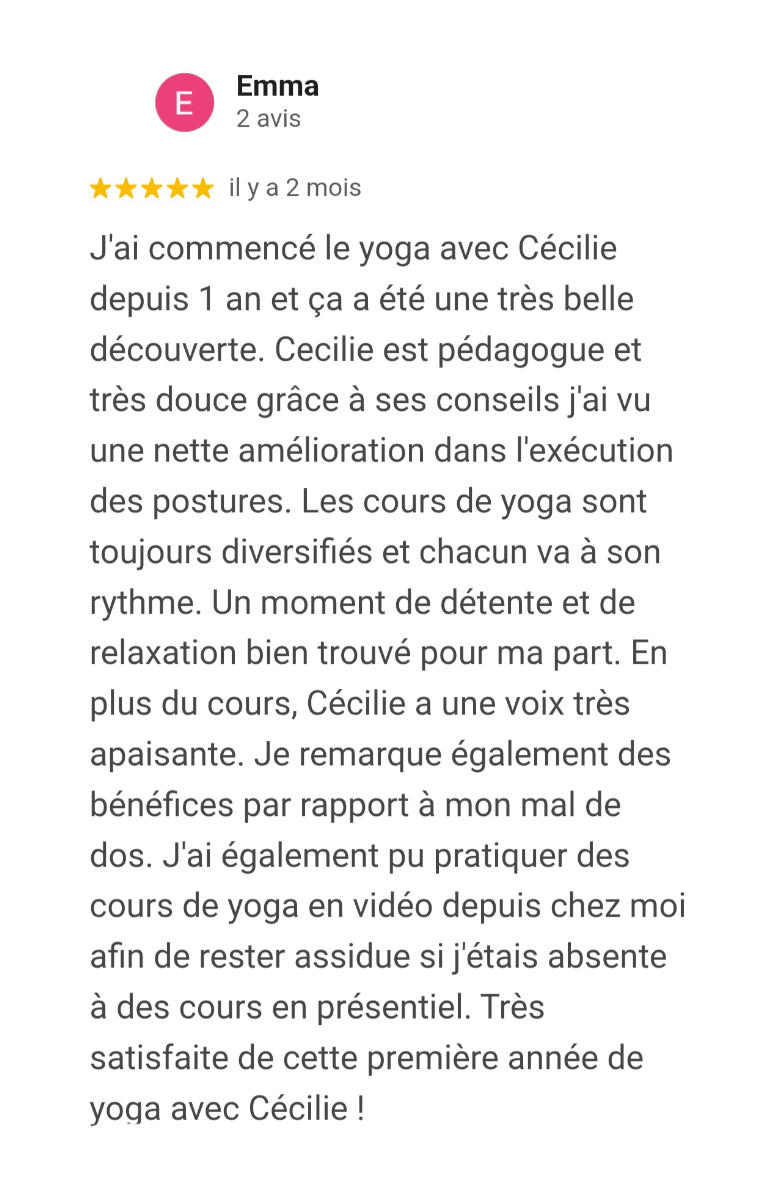 Avis Google pour Hatha Yoga en ligne avec Cécilie Briens - Emma B. - Mai 2026
