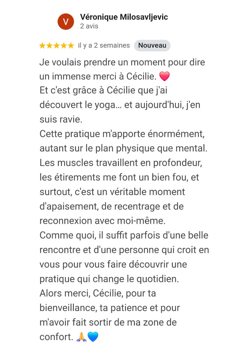 Avis Google authentique sur les cours de Hatha Yoga de Cécilie Briens à Lançon-Provence