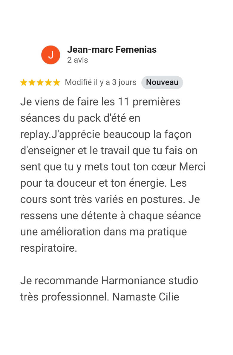 Avis Google authentique sur les cours de Hatha Yoga en ligne de Cécilie Briens à Lançon-Provence