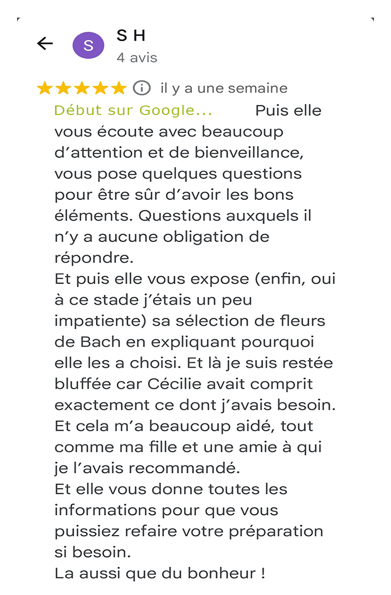 •	Avis Google authentique sur l’accompagnement en Fleurs de Bach de Cécilie Briens à Lançon-Provence