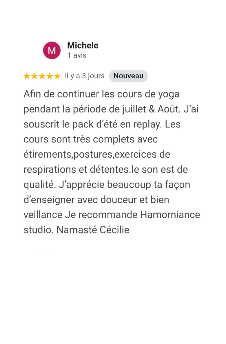 Avis Google pour Hatha Yoga en ligne avec Cécilie Briens - Michèle F. - Août 2026
