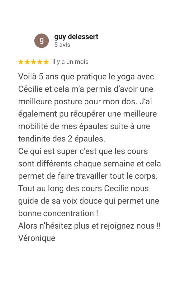 Avis Google authentique sur les cours de Hatha Yoga de Cécilie Briens à Lançon-Provence
