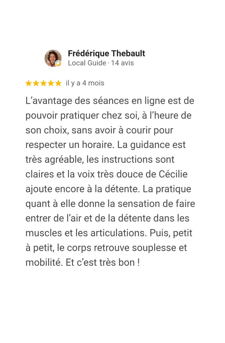 Avis Google pour Hatha Yoga en ligne avec Cécilie Briens - Frédérique T. - Mars 2026