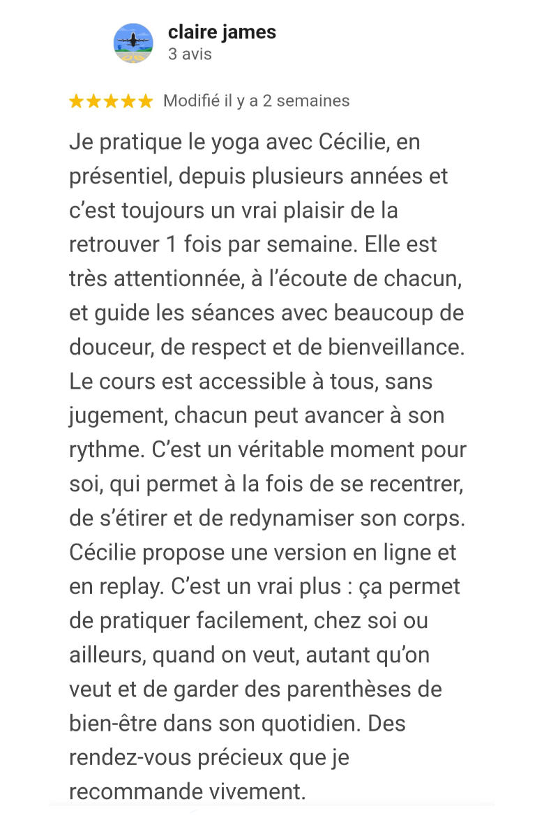 Avis Google authentique sur les cours de Hatha Yoga de Cécilie Briens à Lançon-Provence