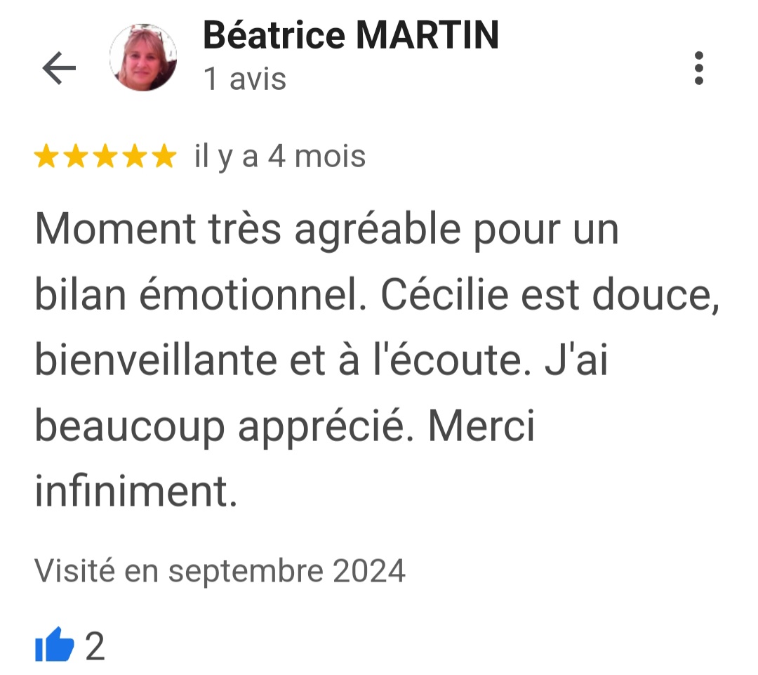 Avis Google authentique sur l’accompagnement en Fleurs de Bach de Cécilie Briens à Lançon-Provence