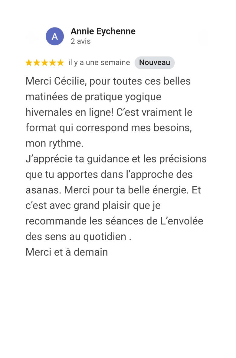 Avis Google authentique sur les cours de Hatha Yoga de Cécilie Briens à Lançon-Provence