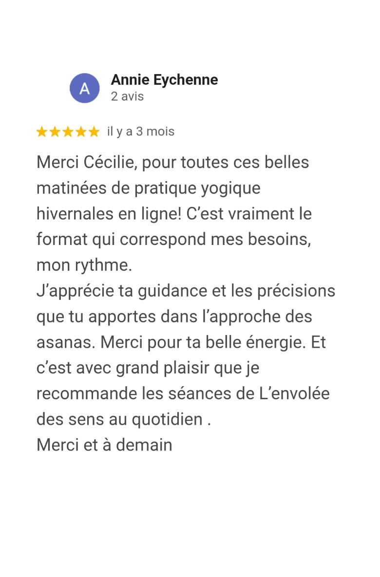 Avis Google pour Hatha Yoga en ligne avec Cécilie Briens - Annie E. - Mai 2026