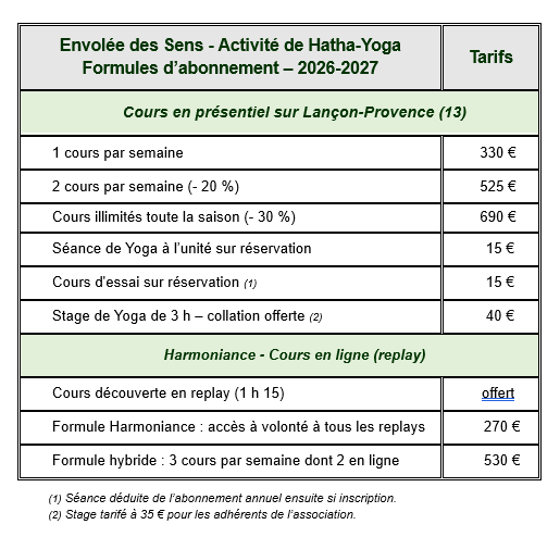 Tableau des tarifs 2026-2027 des cours de Hatha Yoga en présentiel et en ligne proposés par Cécilie Briens à Lançon-Provence